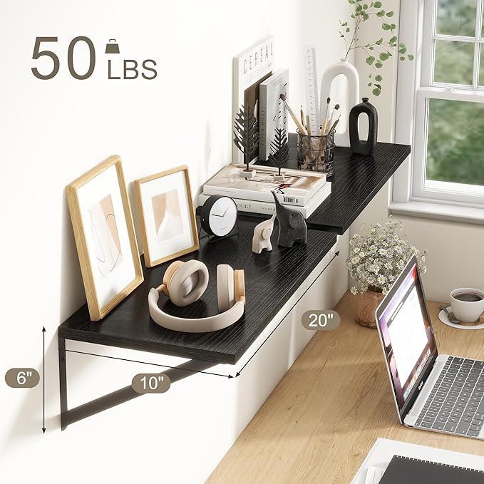 Fun Memories 20 Inch Floating Shelves for Wall, Black Bathroom Shelves Set of 2, 10 Inch Deep Wall Shelf for Bedroom, Kitchen, Large Home Decor Shelves Farmhouse Storage Shelf