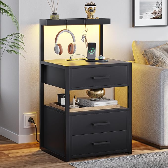 VIAGDO Nightstands Set of 2 with LED Lights, 3 Drawers Night Stands with Charging Station, Black Bedside Tables with Storage Shelves, Modern End Side Tables for Bedroom, Office
