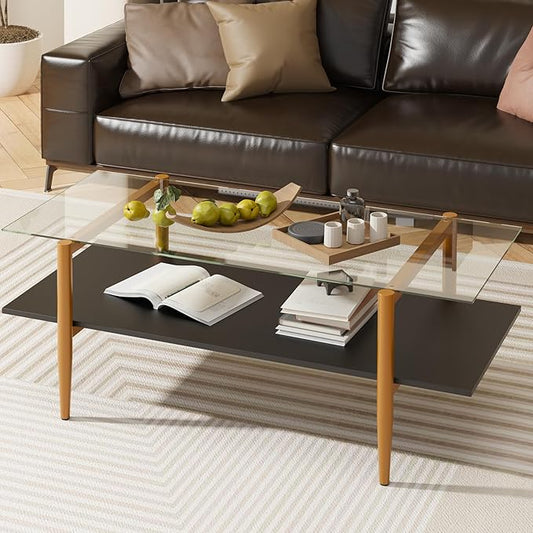 Glass Coffee Table, Rectangle Living Room Center Table with Golden Legs, Mid-Century Modern Accent Tables with Open Shelf for Living Room, Office, Black