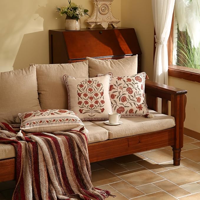 Design Linen Square Vintage Throw Pillow Covers 18"x18" Pack of 2, Brick Red Cushion Covers with Orange Floral Green Leaves Pattern Decoration Pillowcases for Bed,Living Room,Outdoor,Car