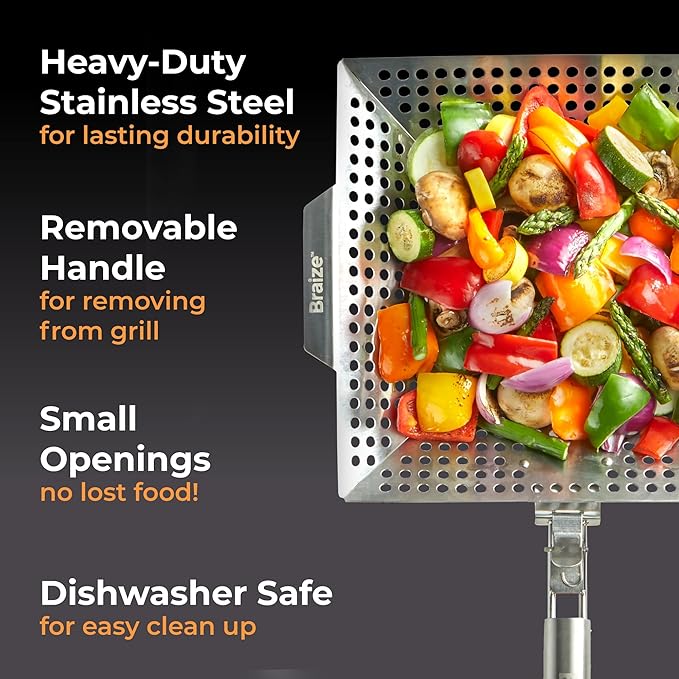 Heavy-Duty Stainless Steel Grill Basket – 12" x 13.75" Grilling Basket with Removable Handle – Large BBQ Basket for Vegetables, Fish & Meat