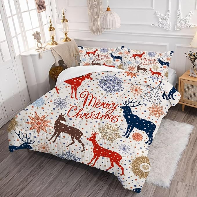 Beige Christmas Comforter Set Full/Queen for Kids, Cartoon Reindeer and Snowflake Print Bedding Set, Cute Xmas Bed Set for Home Decor with 1 Comforter and 2 Pillowcases