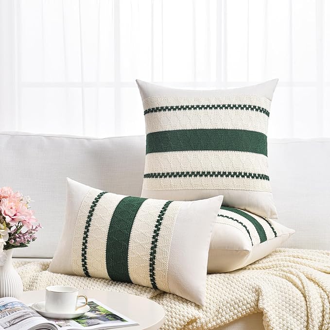 Fancy Homi Set of 2 Dark Green Boho Decorative Throw Pillow Covers 22x22 Inch for Couch Bed Sofa Bedroom Indoors, Modern Farmhouse Vintage Forest Green Living Room Decor