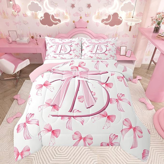 jejeloiu Kids Girls Cute Pink Bow Comforter Set Full Size Monogrammed Bedding Set Ultra Soft Personalized Initial D Duvet Quilt Coquette Bow Knot Quilt Set Room Decor Modern Fashion Comforter