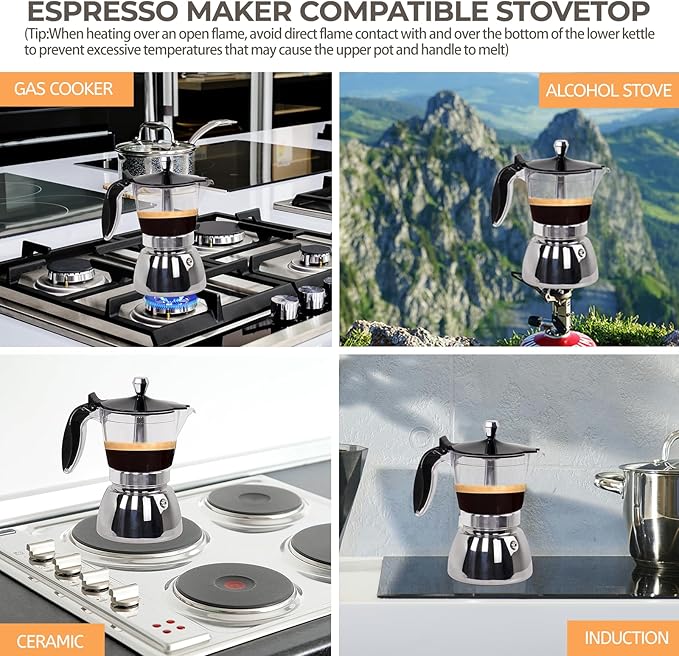 Clear Plastic Moka Pot 6 Cup 300ml Stainless Steel Coffee Maker Uncoated Stovetop Espresso Coffeemaker Italian Classic Style Brewing Greca Cafe Mocha Machine for Cafeteras Camping Travel Home Use