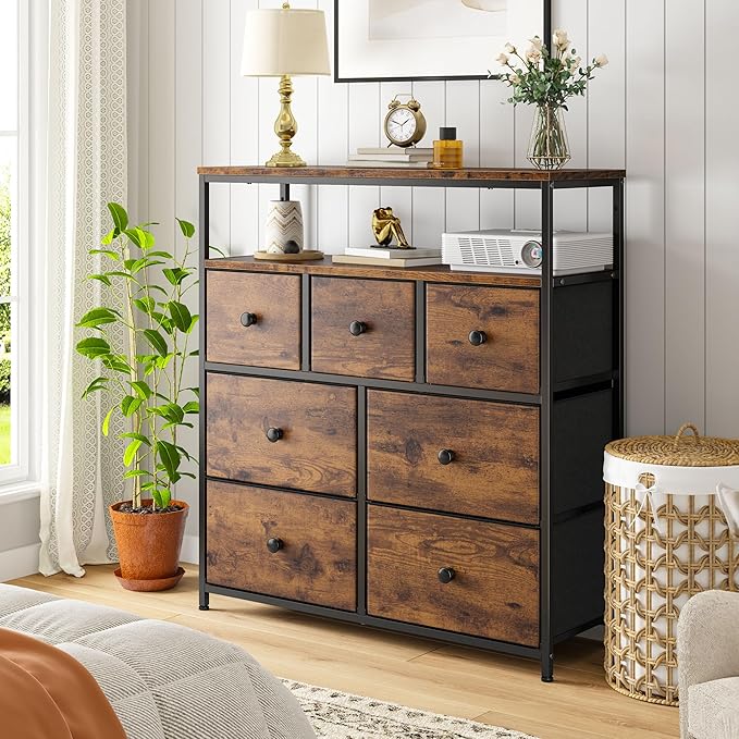 EnHomee Tv Stand for Bedroom with 7 Fabric Dressers and 2 Shelves，Dressers & Chests of Drawers for Closet，Hallway，Entryway，Dormitory，Clothes Storage，Rustic Brown