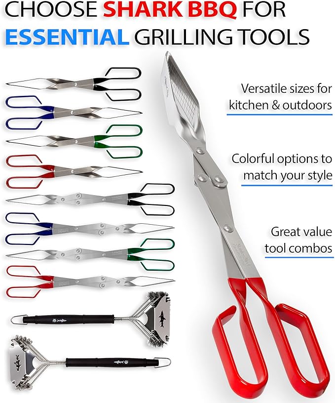 Shark BBQ Grill Tongs - 2-Pack, Great Value Gift Set - 17" & 13" Professional Kitchen and Outdoor Grilling Utensil Set (Red)