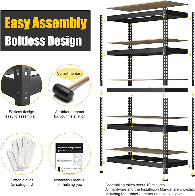 PrimeZone 48" W x 24" D x 72" H Heavy Duty Storage Shelves, 5 Tier Adjustable Garage Shelving Unit, Metal Organizer Shelf Utility Rack for Warehouse Pantry Closet Kitchen, Black, 8 Pack