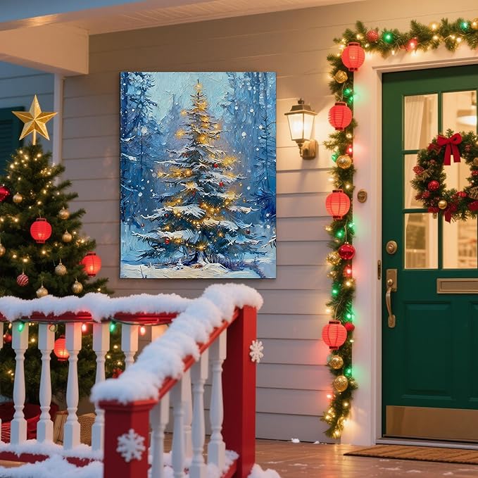 Framed Christmas Pictures Wall Decor,Vintage Pine Tree Prints,Winter Christmas Canvas Wall Art Decoration for Bedroom Bathroom Living Room Rustic Xmas Holiday Gifts (Christmas Tree 1, 16'' X 24'')