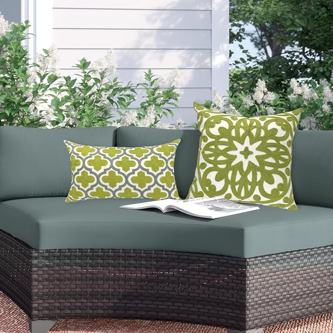 Alysheer Embroidered Lumbar Decorative Throw Pillow Cover 12"x 20", Classic Boho Geometric Embroidery Pattern Cotton Rectangular Cushion Case for Sofa Couch Living Room Bedroom(Green Grey)
