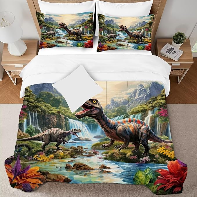 Kids Comforter Set Full Super Soft and Fluffy Microfiber Boys Kids Dinosaur Bedding Set Easy Care Cute Dinosaur Quilt Set with 1 Comforter and 2 Pillowcases