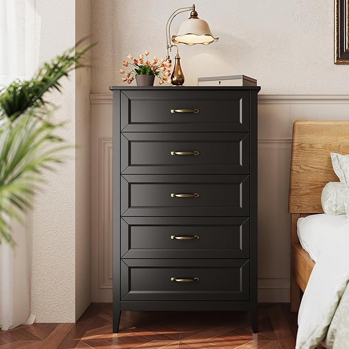 Gizoon 5 Drawer Dresser, 44.8" H Dresser for Bedroom, Wood Chest of Drawers, Storage Cabinet, Smooth Rail, Metal Handles, Anti-tip Device, for Living Room, Hallway, Black