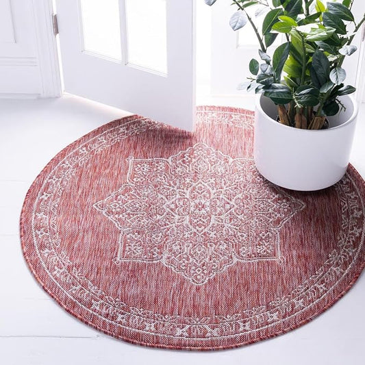 Unique Loom Outdoor Traditional Collection Area Rug - Antique (12' Round Rust Red/Ivory)