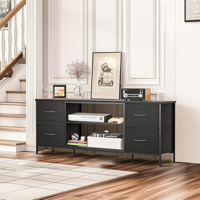 TV Stand for Bedroom, Television Stand for TV up to 55 Inch Entertainment Center Dresser with 4 Drawers Open Storage Shelves for Living Room, Entryway (Black and Charcoal Black)