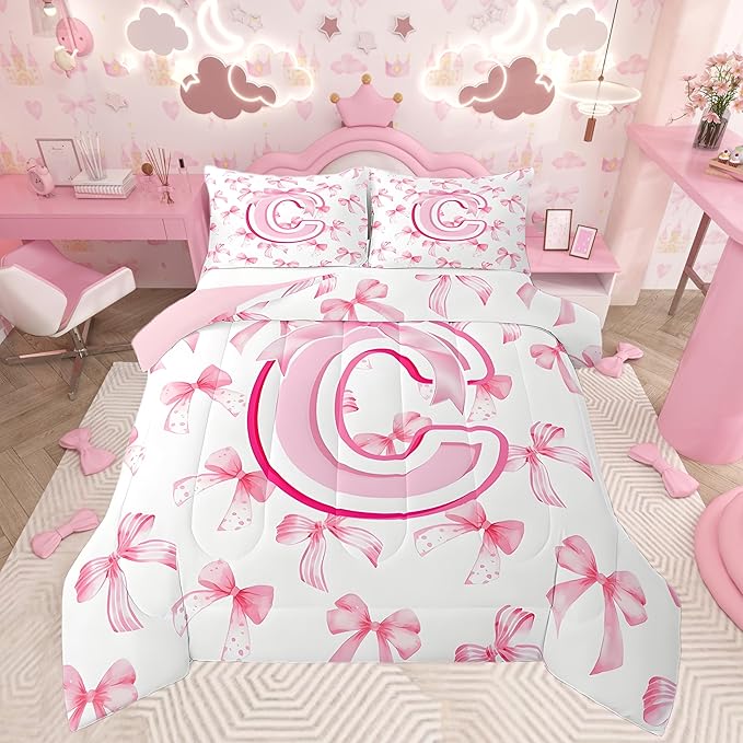 jejeloiu Kids Girls Cute Pink Bow Comforter Set King Size Coquette Bow Knot Bedding Set Ultra Soft Personalized Initial C Duvet Quilt Monogrammed Quilt Set Room Decor Modern Fashion Comforter