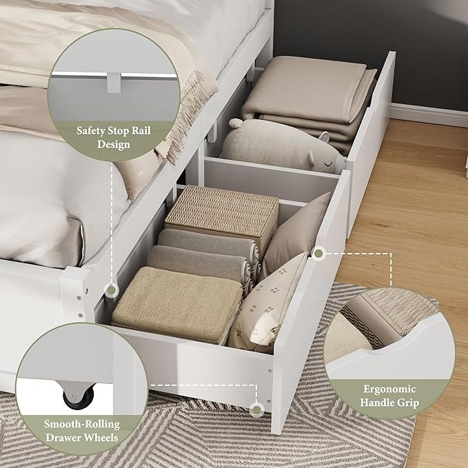 AMERLIFE Full Size Solid Wood Bed Frame with 50" Tall Headboard, Mid-Century Modern Bed with Storage Drawers, Wooden Platform Bed with 2 Drawers, No Box Spring Needed, White