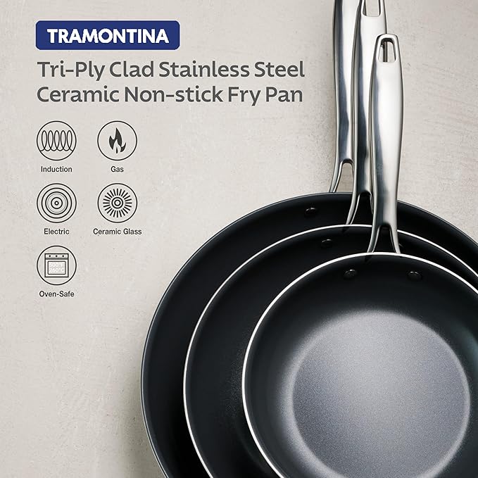 Tramontina Signature 8-Inch Tri-Ply Clad Stainless Steel Small Frying Pan with Ceramic Non Stick Interior, Induction-Ready Nonstick Skillet, Oven-Safe, Dishwasher-Safe