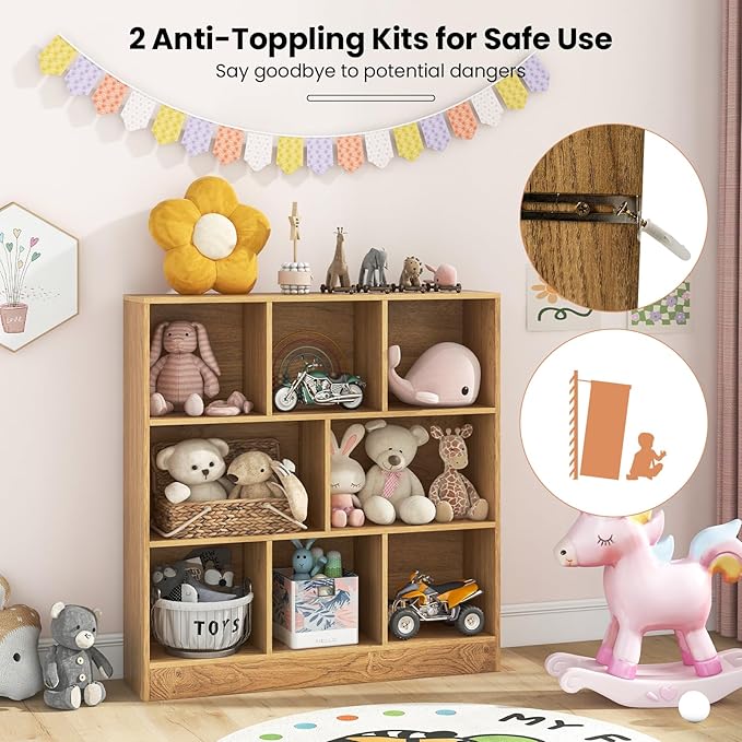 Costzon Wooden Toy Storage Organizer, 8-Cube Kids Bookshelf w/ 2 Anti-Toppling Kits, 3 Tier Open Shelves & Non-Slip Foot Pads, Book Shelf for Kids Rooms, Playroom, Classroom, Nursery (Natural)