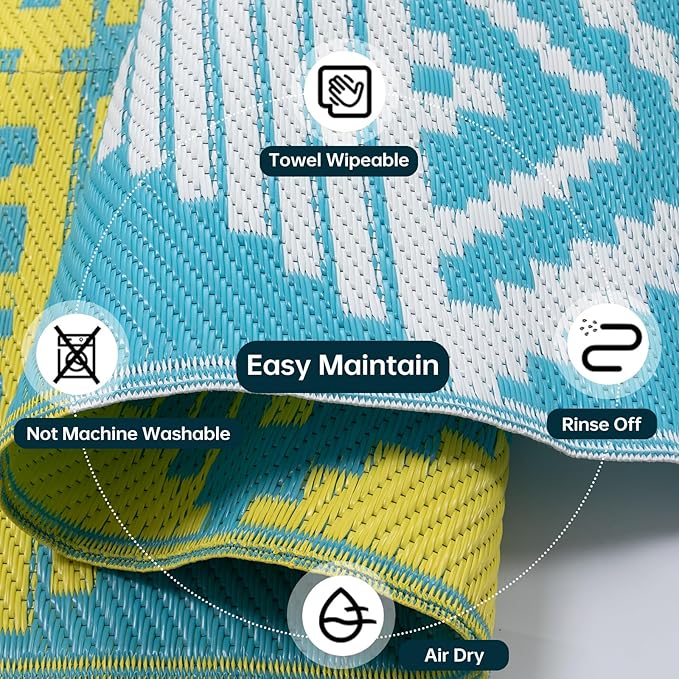 Beeiva Outdoor Rug Waterproof for Patio 6x9, Reversible Plastic Straw Mat for Camping, Modern Geometric Outside Rugs for Rv, Deck, Porch, Picnic, Beach, Balcony - Blue & Yellow
