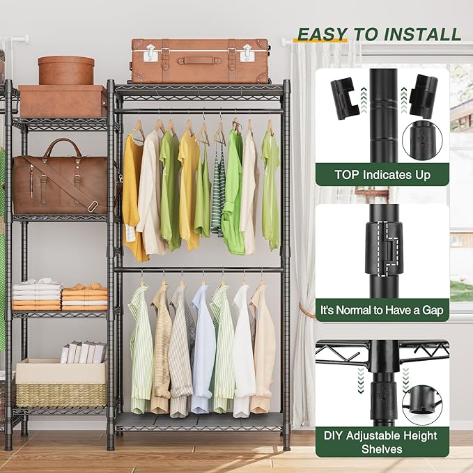 LEHOM G6M Heavy Duty Clothes Rack for Hanging Clothes, Portable Garment Rack Compact Size Closet Organizer, Freestanding Metal Clothing Rack Wardrobe Closet with Storage Shelves for Bedroom(Medium)