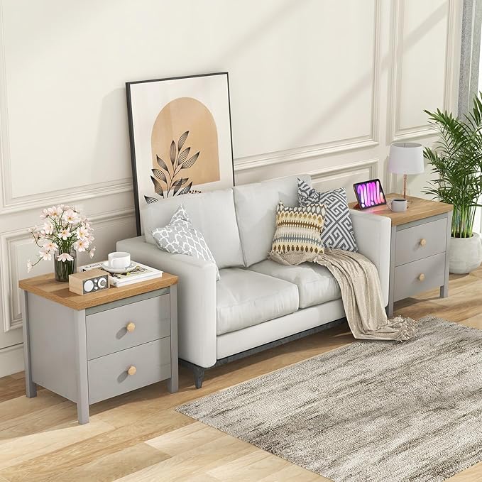 Giantex Night Stand with 2 Drawers Set of 2, Farmhouse Bedside Table with Cute Round Knobs, Wooden Floor End Table with Rubber Wood Legs, Small Sofa Side Table for Small Space Kids Bedroom, Grey