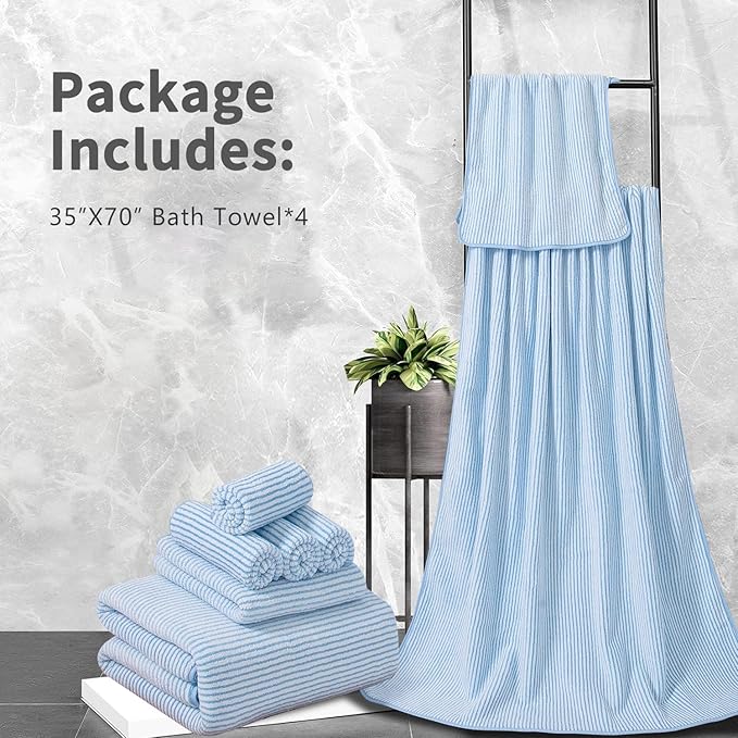 4 Piece Bath Towel Set 35"x70"Oversized Bath Towel for Bathroom Ultra Soft Fluffy Extra Large Bath Sheet Luxury Premium Bathroom Towel Highly Absorbent Quick Dry Shower Towel for Hotel Spa,Blue White