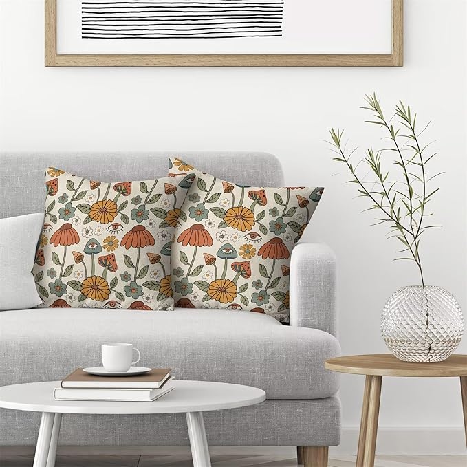 BETGINY Boho Throw Pillow Covers 24 x 24 Inch Set of 2, Yellow Orange Fun Cute Mushrooms Retro Decorative Outdoor Pillow Covers 70s Vintage Floral Linen Farmhouse for Couch Sofa Summer Home Decor