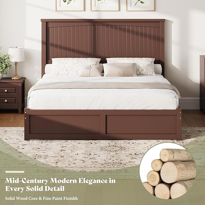 AMERLIFE King Size Solid Wood Bed Frame with 50" Tall Headboard, Mid-Century Modern Bed with Storage, Wooden Platform Bed with 2 Drawers, No Box Spring Needed, Espresso