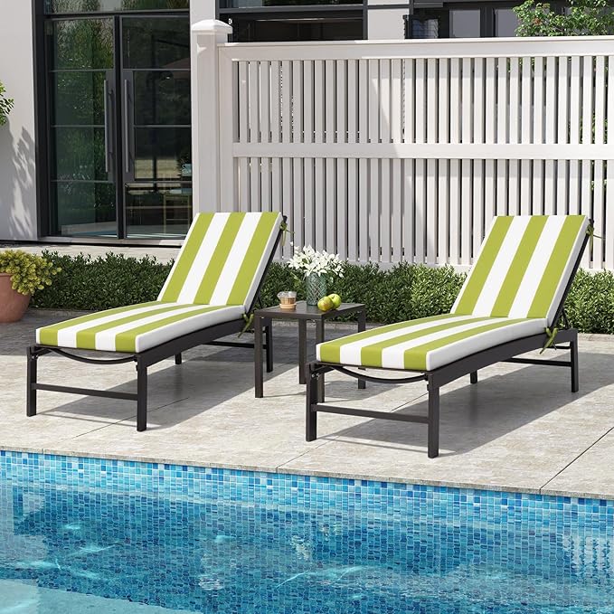 Crestlive Products Chaise Lounge Cushions Set of 2, Outdoor Cushions for Patio Furniture, Water Resistant Lounge Chair Cushion for Pool, Deck, Lawn, 72''L x 21''W, Green White Stripe