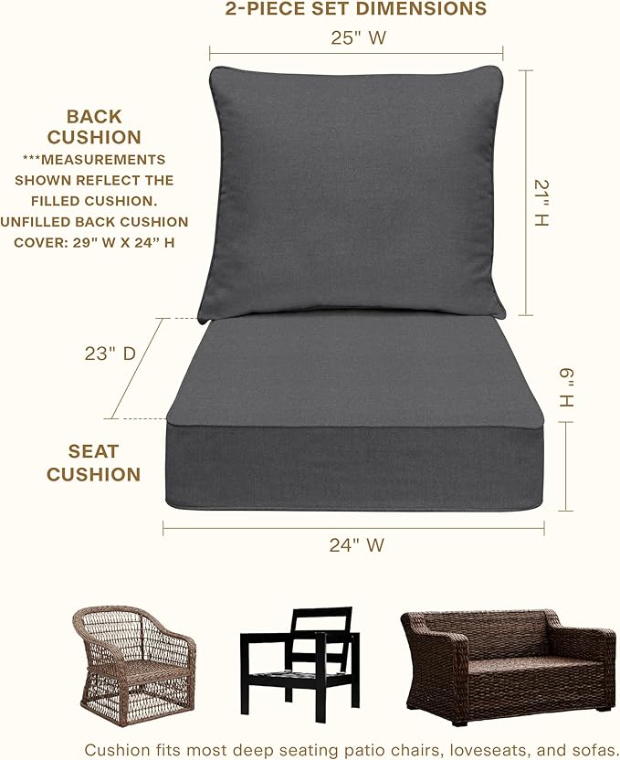 Honeycomb Outdoor Deep Seat, 24" W x 23" D, Solarvie Dark Grey Outdoor Chair Cushion