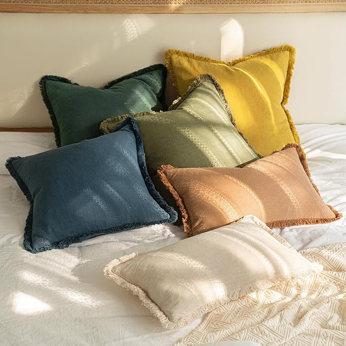 MIULEE Decorative Lumbar Throw Pillow Covers Neutral Linen Fringe Throw Pillows Set of 2 Navy Blue Boho Farmhouse Cushion Covers for Couch Sofa Bed Living Room Spring Home Decor 12x20 Inch
