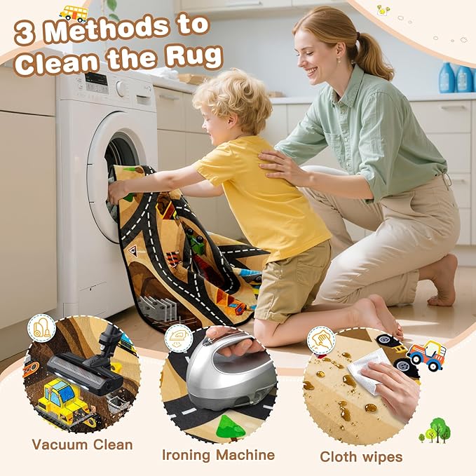 Kids 3x5 Ft Construction Site Car Rug - Extra Thick (0.4in),Tufted Wool & Rubber, Non-Slip, Stain & Fade Resistant, Machine Washable, Rustic Cartoon Construction Site Pattern