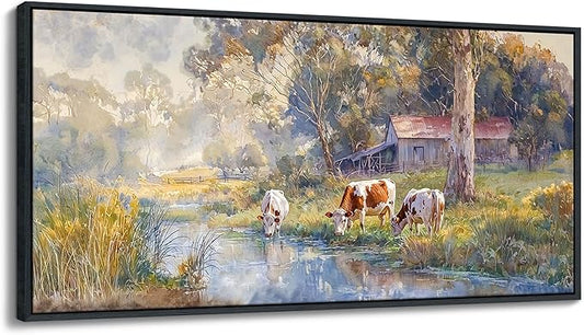 JEAWA Framed Canvas Wall Art - 20x40 IN Watercolor Landscape Painting Ready to Hang, Country Picture with Wooden House and Green Trees, Cow Art Prints for Bedroom Bathroom Home Decoration