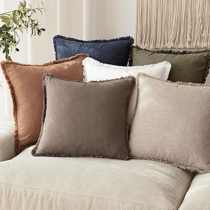 Foindtower Set of 2 Decorative Linen Fringe Throw Pillow Covers Farmhouse Cushion Cover with Tassels Soft Accent Pillowcase for Couch Chair Sofa Bed Living Room Home Decor,16×16 Inch,Natural Linen