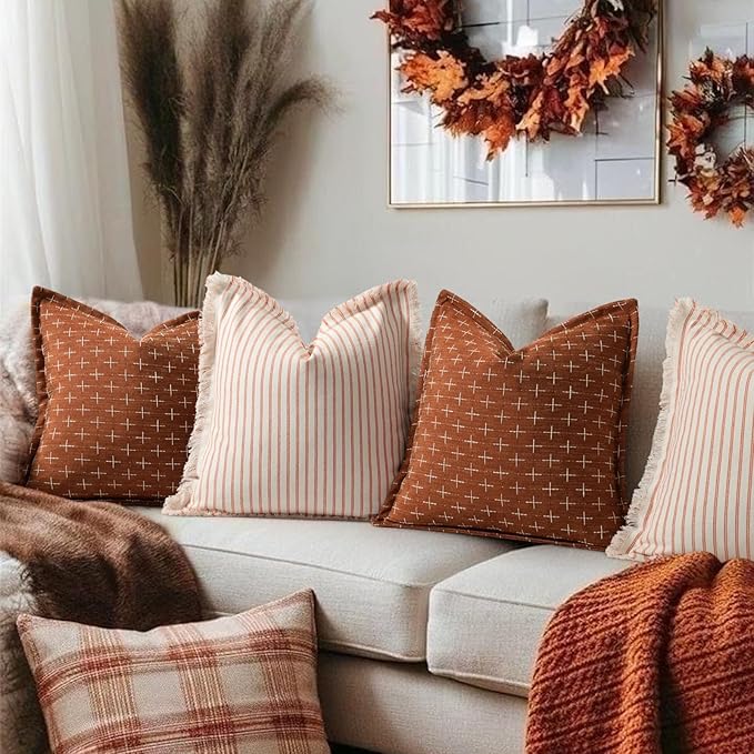 ZWJD Fall Pillow Covers 22x22 Set of 2 Soft Polyester Textured Rust Pillow Covers with Stylish Flange Edge Cozy Farmhouse Throw Pillows for Couch Bed Sofa Living Room Fall Decor