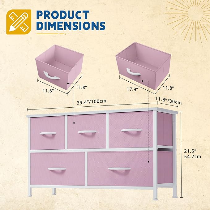DWVO Dresser for Bedroom with 5 Drawers - Fabric Storage Tower, Long Fabric Dresser, Organizer Unit for Bedroom, Closet, Hallway