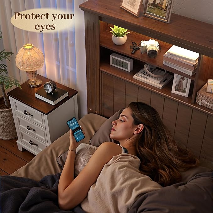 EnHomee Queen Bed Frame with 4 Storage Drawers, Bed Frame Queen Size with Headboard, Queen Bed with LED Lights & Charging Ports,No Box Spring Needed,NO Noise,Wooden, Brown