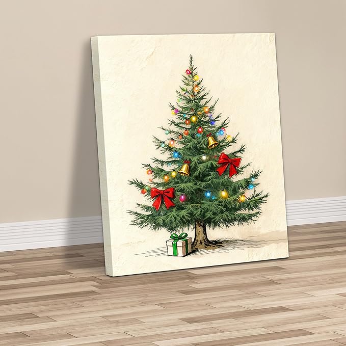 Framed Christmas Pictures Wall Decor,Vintage Pine Tree Prints,Winter Christmas Canvas Wall Art Decoration for Bedroom Bathroom Living Room Rustic Xmas Holiday Gifts (Christmas Tree 9, 20'' X 32'')