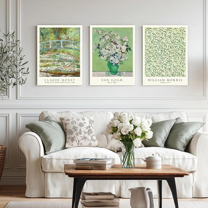 FASWQ Framed Monet Van Gogh William Morris Wall Art, Grass Botanical Wall Decor, Mid Century Impressionist Canvas Paintings, Modern Green Landscape Poster Print for Living Room Bedroom 16"x24"x3