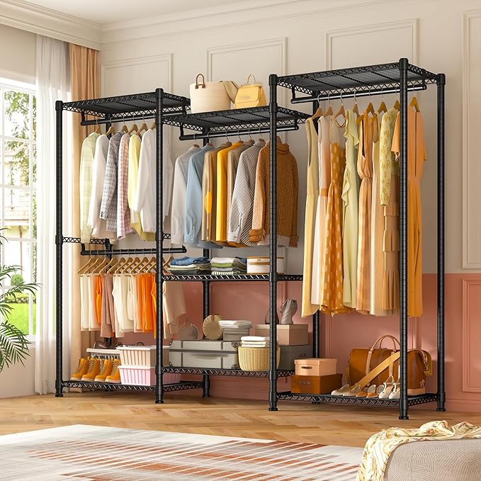 Raybee Clothes Rack Load 900Lbs, Heavy Duty Clothing Rack for Hanging Clothes Freestanding Garment Rack 77" H x 69'' W x 16'' D,Black