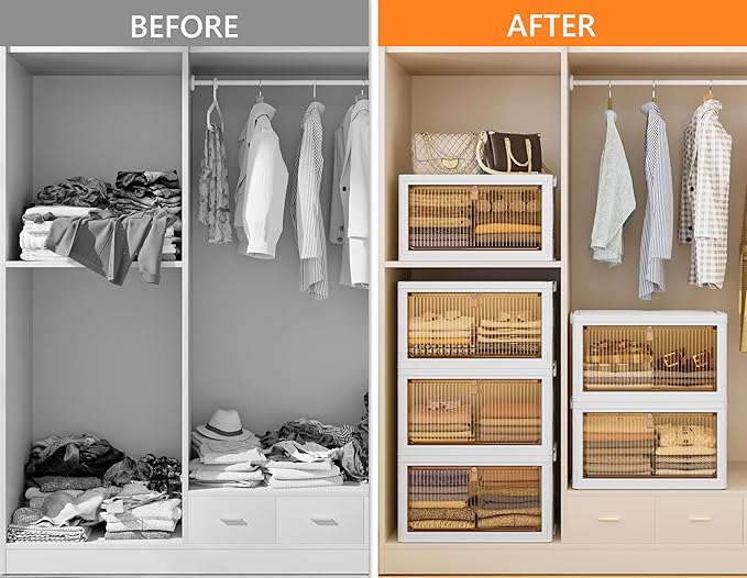 Closet Organizers and Storage 93Qt 3 Pack Closet Organizer Boxes for Clothes Stackable Storage Bins Foldable Storage Box for Clothes/Office Supplies/Snacks(31Qt X 3)