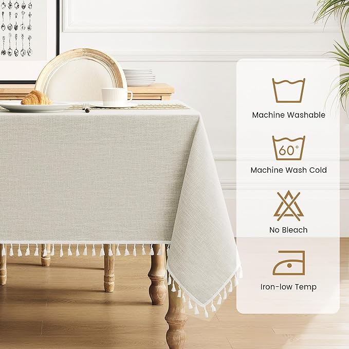 puredown® Rustic Rectangle Tablecloth, Waterproof Cotton Linen Tablecloth with Tassel, Wrinkle Free Farmhouse Table Cloths for Kitchen Dining Outdoor, 55"x70",4-6 Seats, Coffee