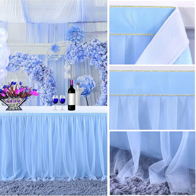14ft Baby Blue Tulle Table Skirt for Baby Shower Boy Light Blue Tutu Table Cover for Birthday Party Baby Shark Gender Reveal Boy Elephant Theme Cake Table Decorations