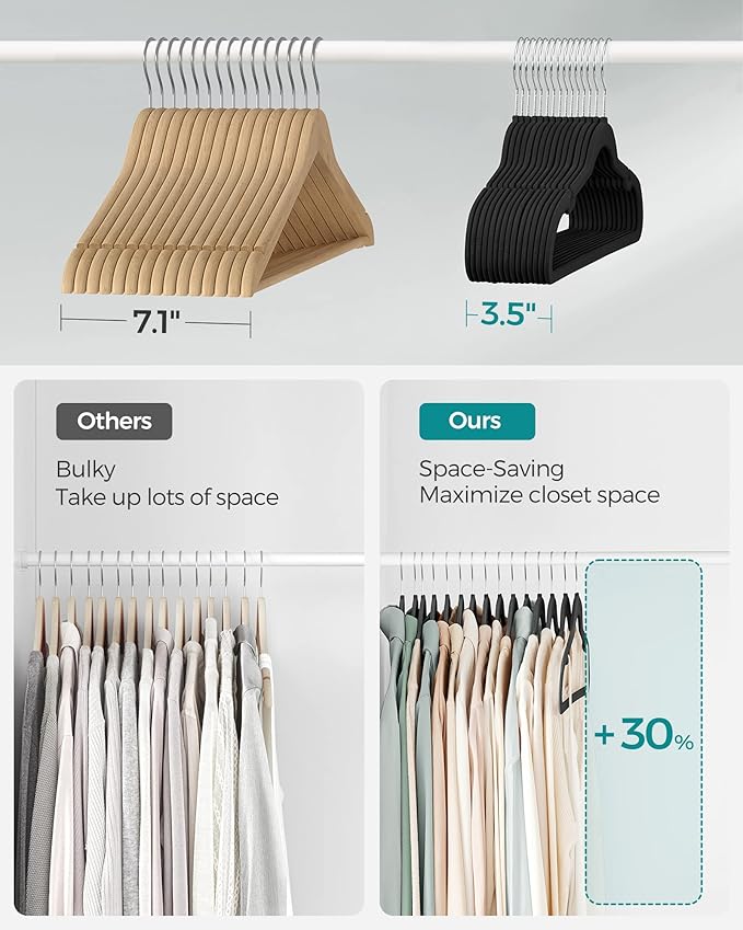SONGMICS Velvet Hangers 30 Pack, Non-Slip Clothes Hangers, Suit Hangers with Shoulder Notches, Pants Bar, 360° Swivel Hook, Space-Saving, for Closet, Ink Black UCRF029B03