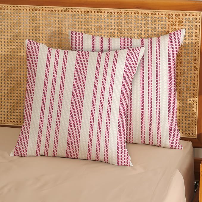 Boho Pillow Covers 18x18 Pack of 2 Hot Pink Polka Dot Stripes Throw Pillow Covers Bohemian Abstract Modern Decorative Pillowcase Farmhouse Linen Cushion Case for Home Couch,Outdoor Decoration