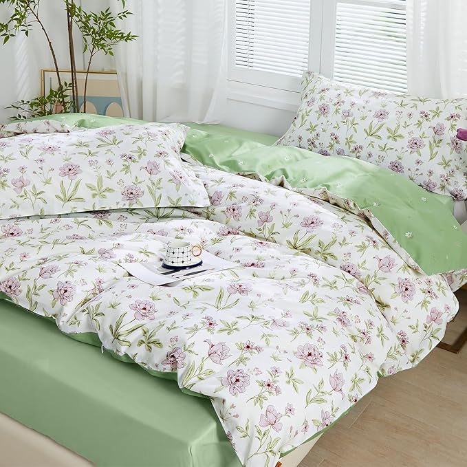 SAPHREAS Lavender Floral Duvet Cover Set Full Size 3pcs Pink Floral Green Branches Bedding Comforter Cover Set 100% Cotton 1 Duvet Cover 90"x80" 2 Pillow Shams, Comforter Not Included