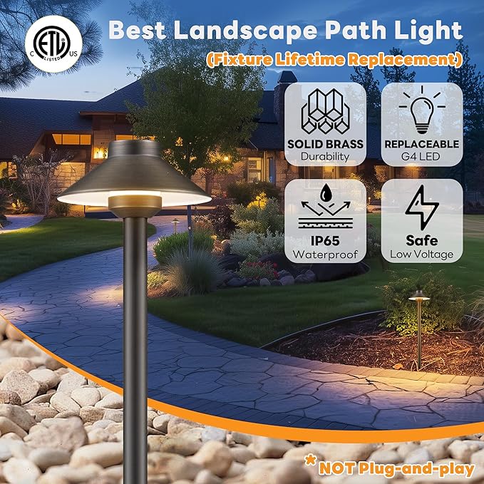 Brass Low Voltage Path Lights - 12V Landscaping Pathway Lamp IP65 Waterproof, Wired Walkway Lighting Outdoor, LED Mushroom-top Bronze for Lawn Backyard Garden G4 Bulb Not Included (8 Pack)