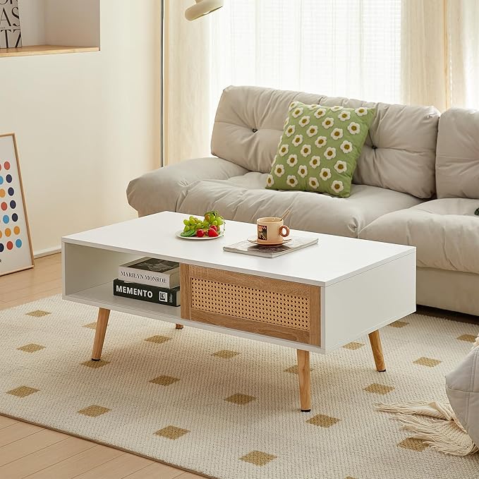 Rattan Coffee Table, 40.3" Mid Century Modern Coffee Table with Storage, Farmhouse Rectangle Wooden Accent Center Sofa Table for Living Room, White