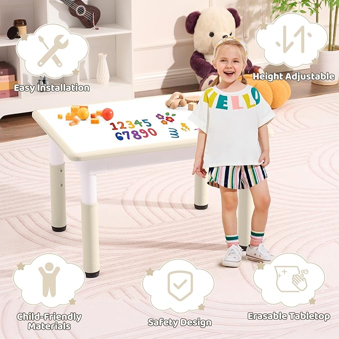 Toddler Table, 7 Level Height Adjustable Kids Play Furniture for Ages 3-8, Rectangular Plastic, 23.6" W x31.5 L, Multi-Activity Desk with Graffiti Desktop for Home & Daycare