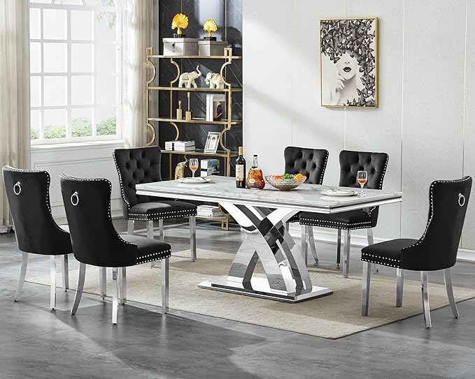 Goujxcy 68" Marble Dining Table Set for 6, Modern Rectangle Dining Room Table Set for 6, Luxury White Silver Marble Kitchen Table and Chairs Set of 6 for Living Room,Kitchen